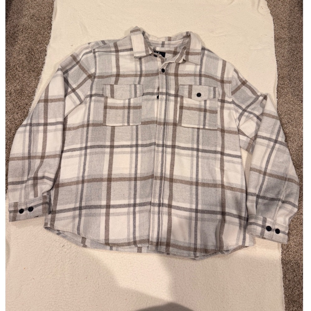 Magaschoni Mens XXL Plaid Flannel Shirt Grey White Long Sleeve Button Down (688)